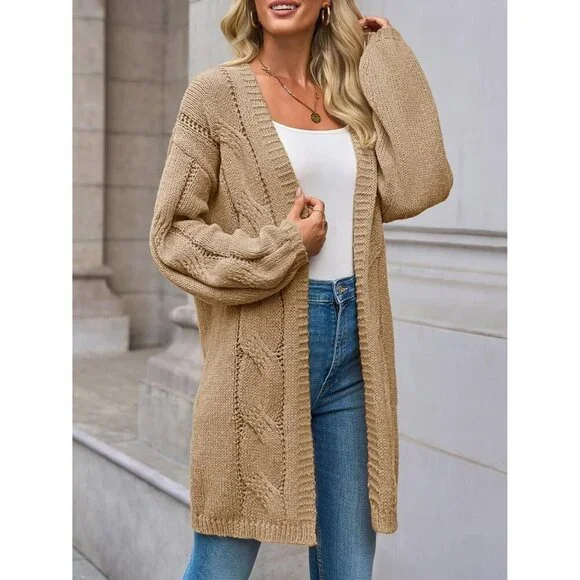 Womens Cable Knit Long Cardigan Loose Fit Fall Sweater Open Front Casual - Picture 3 of 5